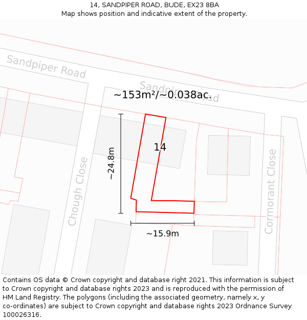 14, SANDPIPER ROAD, BUDE, EX23 8BA: Plot and title map