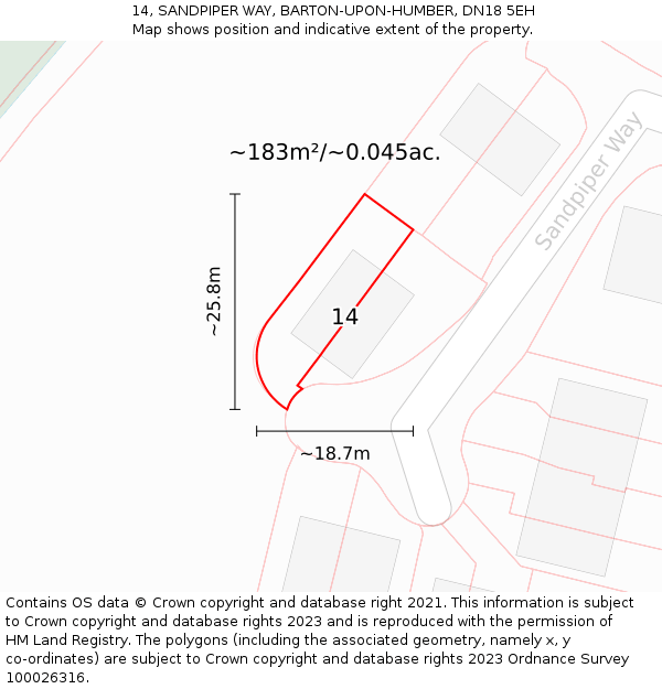 14, SANDPIPER WAY, BARTON-UPON-HUMBER, DN18 5EH: Plot and title map