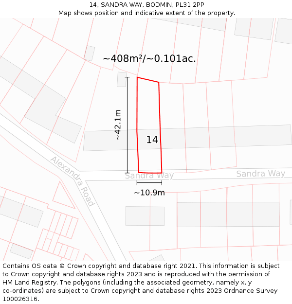 14, SANDRA WAY, BODMIN, PL31 2PP: Plot and title map