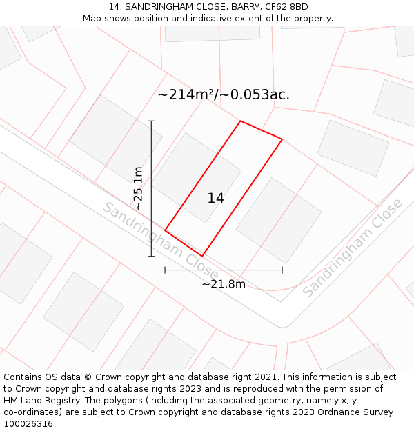14, SANDRINGHAM CLOSE, BARRY, CF62 8BD: Plot and title map