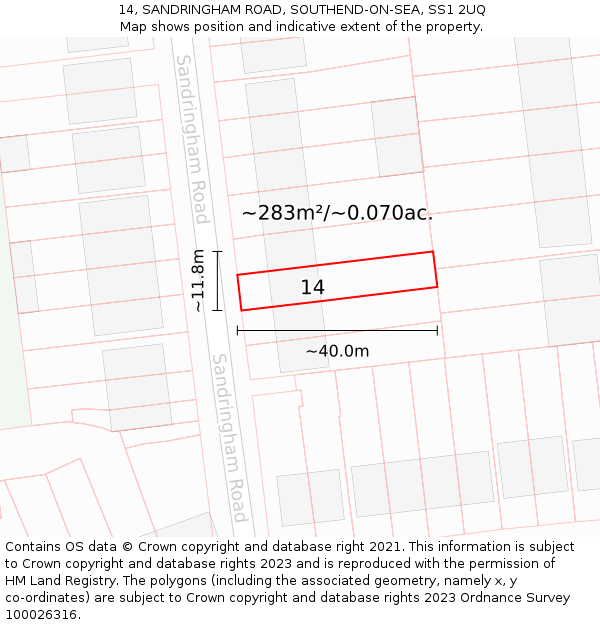 14, SANDRINGHAM ROAD, SOUTHEND-ON-SEA, SS1 2UQ: Plot and title map