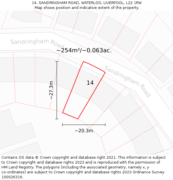 14, SANDRINGHAM ROAD, WATERLOO, LIVERPOOL, L22 1RW: Plot and title map