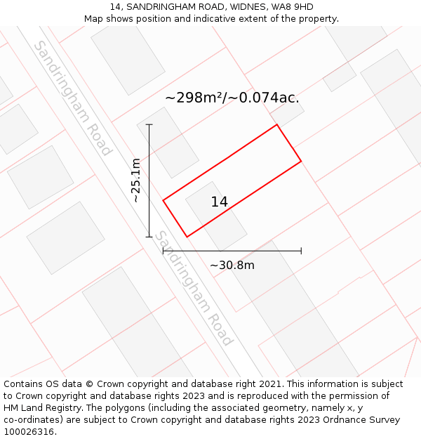 14, SANDRINGHAM ROAD, WIDNES, WA8 9HD: Plot and title map