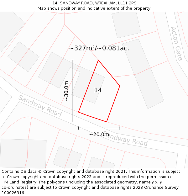 14, SANDWAY ROAD, WREXHAM, LL11 2PS: Plot and title map