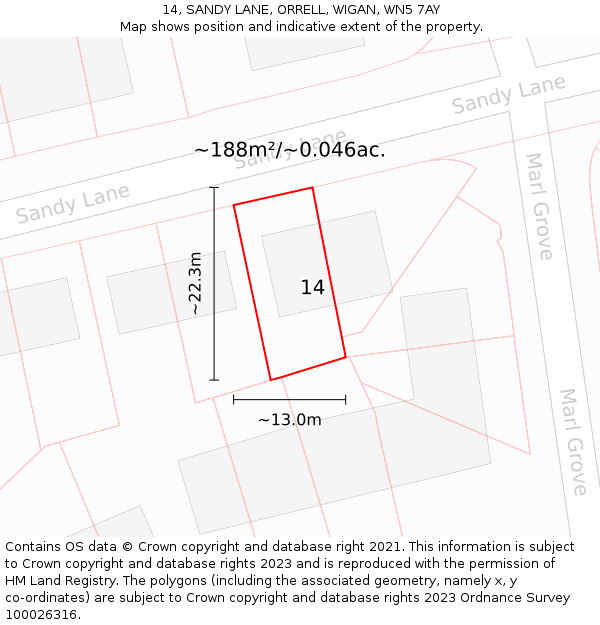 14, SANDY LANE, ORRELL, WIGAN, WN5 7AY: Plot and title map