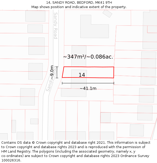 14, SANDY ROAD, BEDFORD, MK41 9TH: Plot and title map