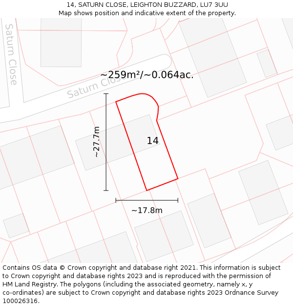 14, SATURN CLOSE, LEIGHTON BUZZARD, LU7 3UU: Plot and title map