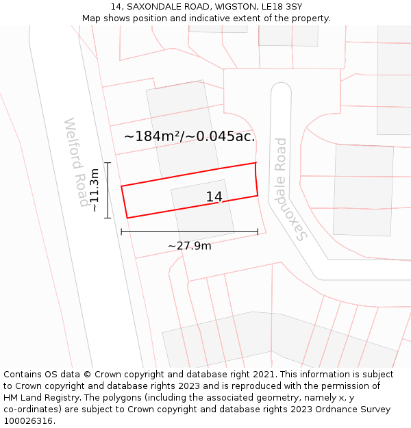 14, SAXONDALE ROAD, WIGSTON, LE18 3SY: Plot and title map
