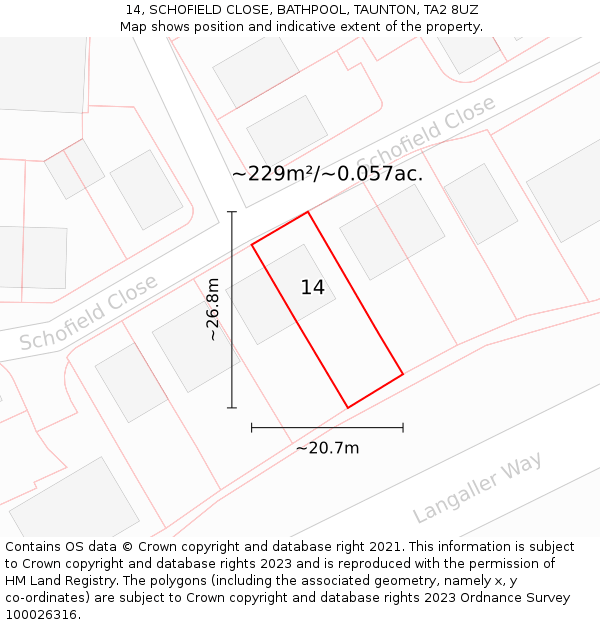 14, SCHOFIELD CLOSE, BATHPOOL, TAUNTON, TA2 8UZ: Plot and title map