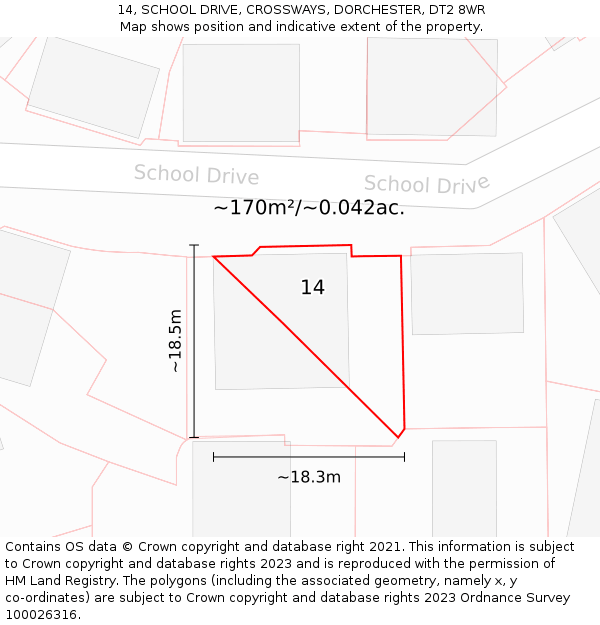 14, SCHOOL DRIVE, CROSSWAYS, DORCHESTER, DT2 8WR: Plot and title map