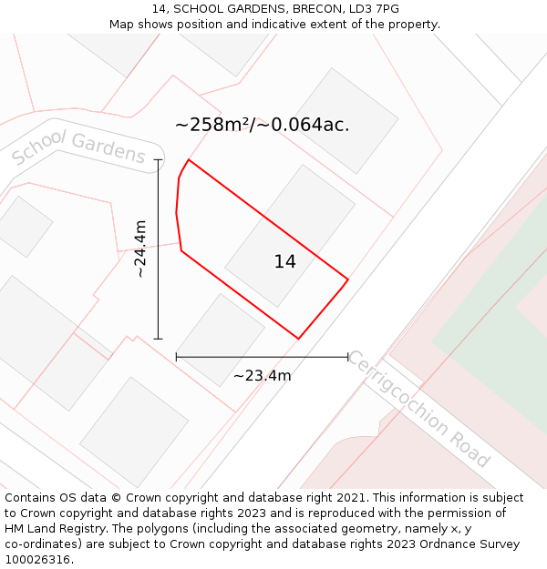 14, SCHOOL GARDENS, BRECON, LD3 7PG: Plot and title map