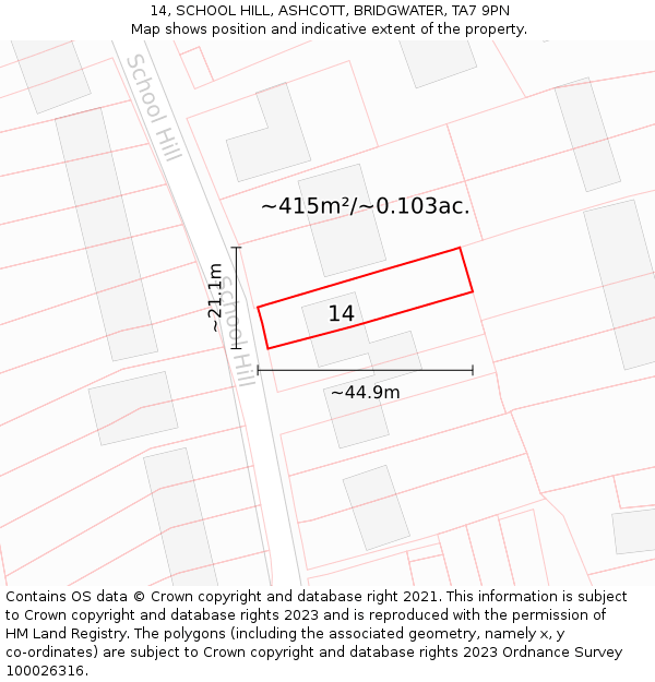 14, SCHOOL HILL, ASHCOTT, BRIDGWATER, TA7 9PN: Plot and title map