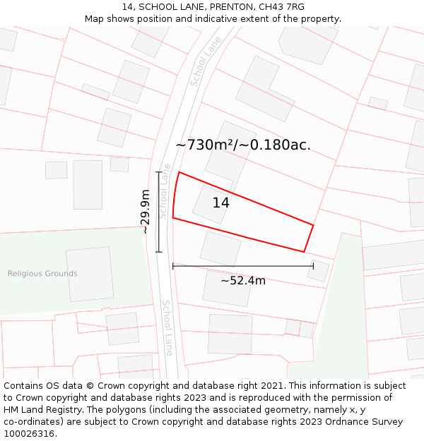14, SCHOOL LANE, PRENTON, CH43 7RG: Plot and title map