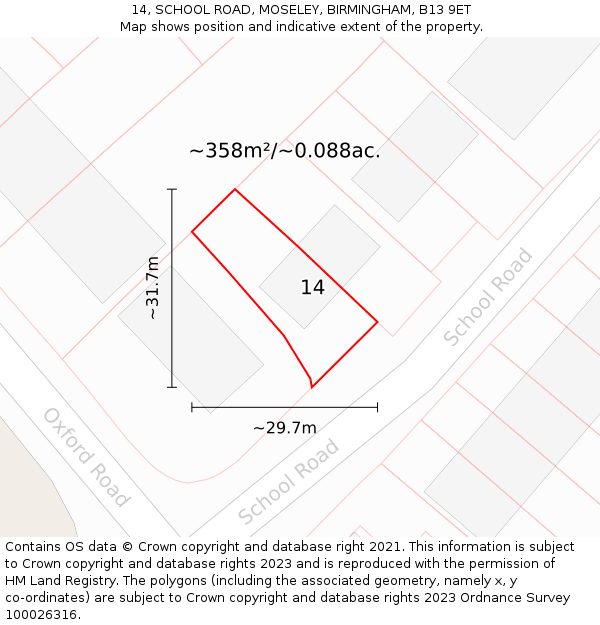 14, SCHOOL ROAD, MOSELEY, BIRMINGHAM, B13 9ET: Plot and title map