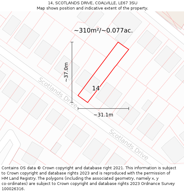 14, SCOTLANDS DRIVE, COALVILLE, LE67 3SU: Plot and title map