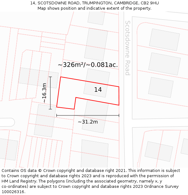 14, SCOTSDOWNE ROAD, TRUMPINGTON, CAMBRIDGE, CB2 9HU: Plot and title map