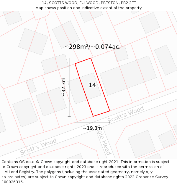 14, SCOTTS WOOD, FULWOOD, PRESTON, PR2 3ET: Plot and title map