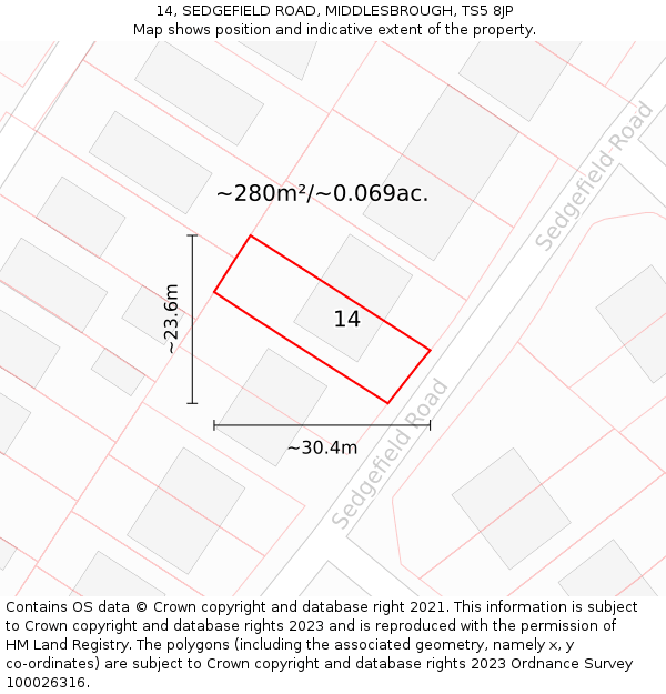 14, SEDGEFIELD ROAD, MIDDLESBROUGH, TS5 8JP: Plot and title map