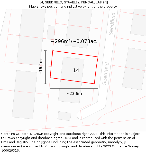 14, SEEDFIELD, STAVELEY, KENDAL, LA8 9NJ: Plot and title map
