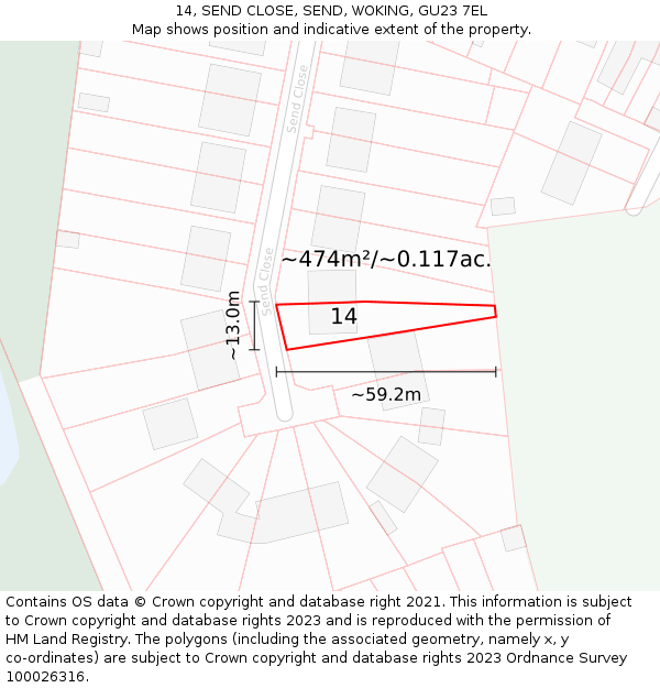 14, SEND CLOSE, SEND, WOKING, GU23 7EL: Plot and title map