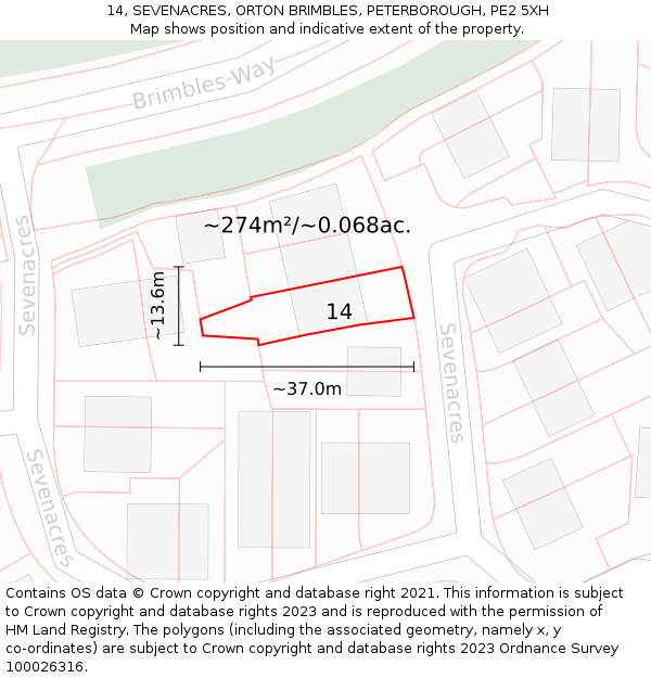 14, SEVENACRES, ORTON BRIMBLES, PETERBOROUGH, PE2 5XH: Plot and title map