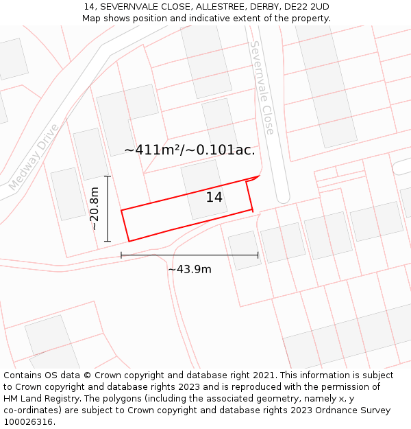 14, SEVERNVALE CLOSE, ALLESTREE, DERBY, DE22 2UD: Plot and title map