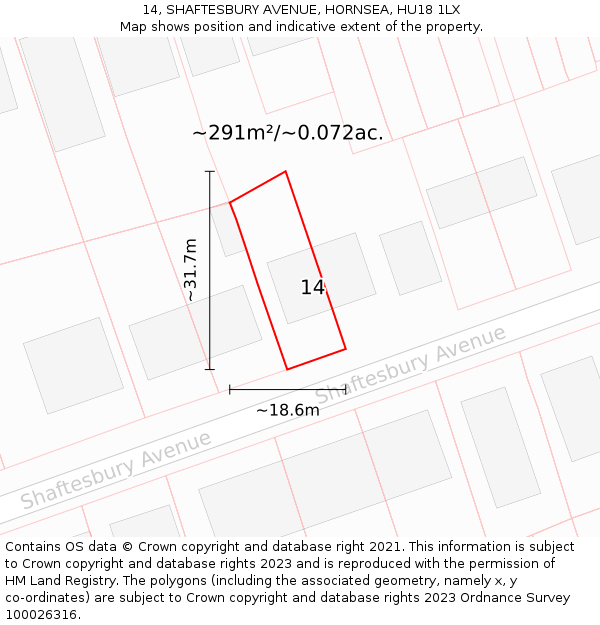 14, SHAFTESBURY AVENUE, HORNSEA, HU18 1LX: Plot and title map