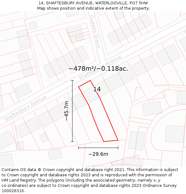 14, SHAFTESBURY AVENUE, WATERLOOVILLE, PO7 5HW: Plot and title map