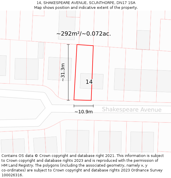 14, SHAKESPEARE AVENUE, SCUNTHORPE, DN17 1SA: Plot and title map