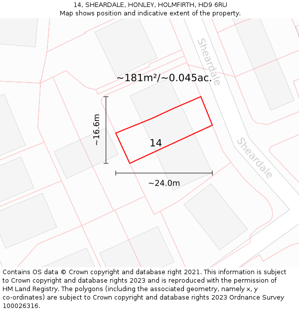 14, SHEARDALE, HONLEY, HOLMFIRTH, HD9 6RU: Plot and title map