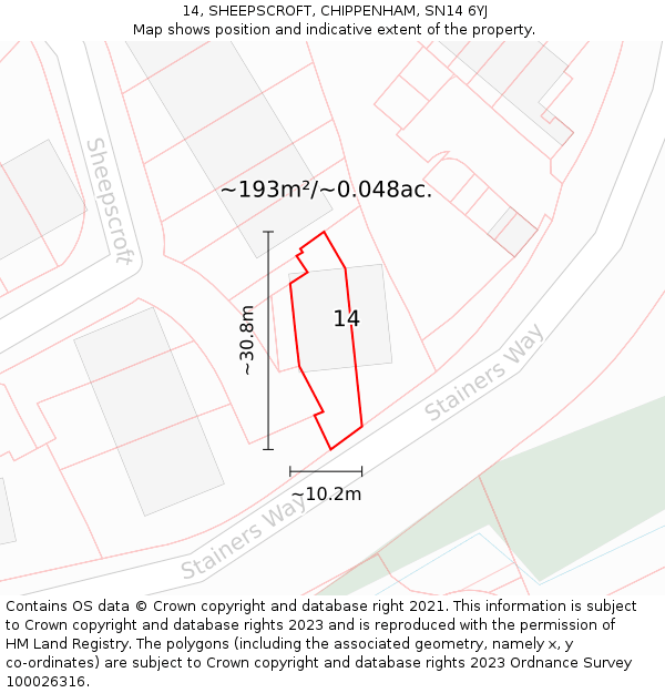 14, SHEEPSCROFT, CHIPPENHAM, SN14 6YJ: Plot and title map