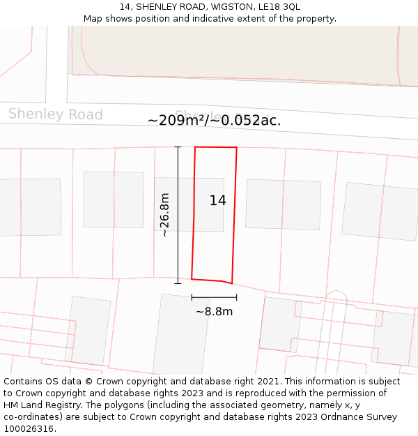 14, SHENLEY ROAD, WIGSTON, LE18 3QL: Plot and title map