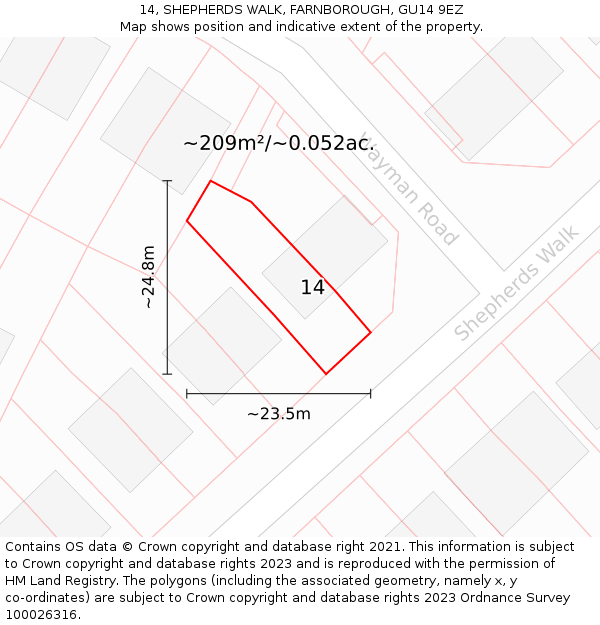 14, SHEPHERDS WALK, FARNBOROUGH, GU14 9EZ: Plot and title map