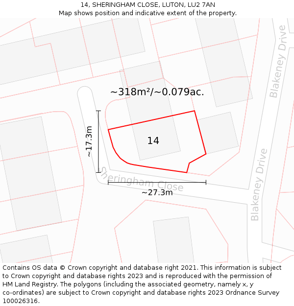 14, SHERINGHAM CLOSE, LUTON, LU2 7AN: Plot and title map