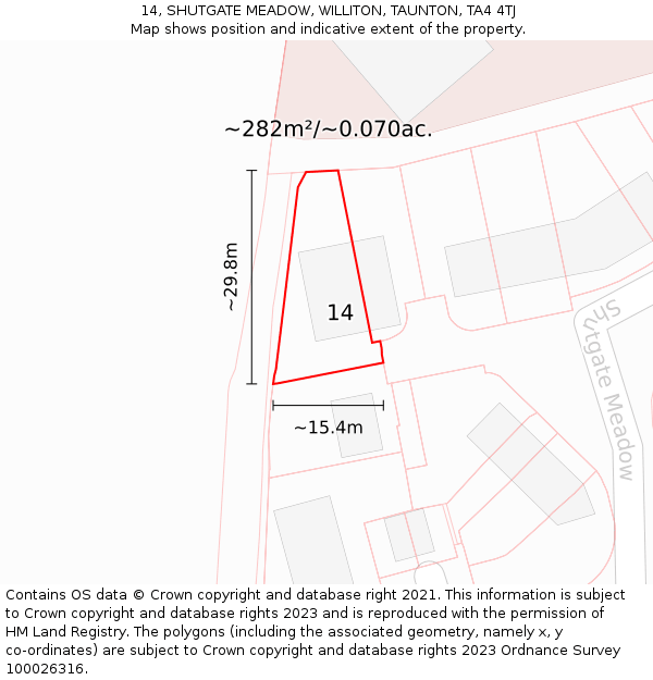 14, SHUTGATE MEADOW, WILLITON, TAUNTON, TA4 4TJ: Plot and title map
