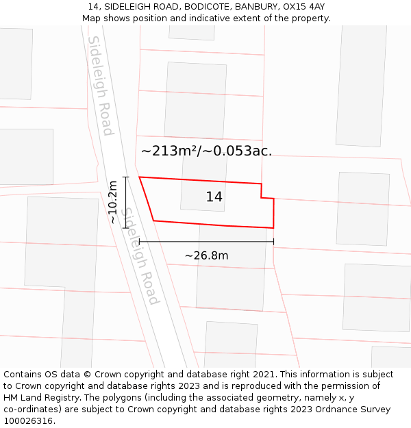 14, SIDELEIGH ROAD, BODICOTE, BANBURY, OX15 4AY: Plot and title map
