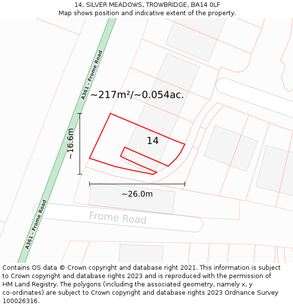 14, SILVER MEADOWS, TROWBRIDGE, BA14 0LF: Plot and title map