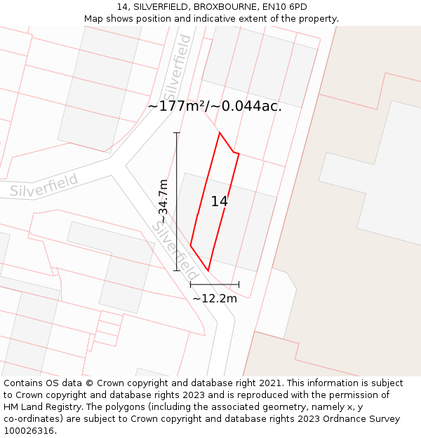 14, SILVERFIELD, BROXBOURNE, EN10 6PD: Plot and title map