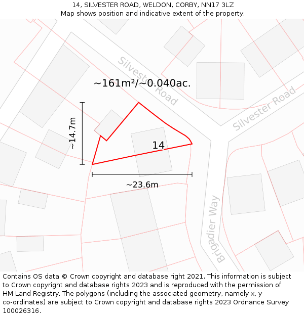 14, SILVESTER ROAD, WELDON, CORBY, NN17 3LZ: Plot and title map