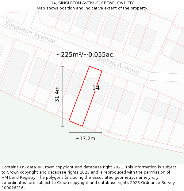 14, SINGLETON AVENUE, CREWE, CW1 3TY: Plot and title map