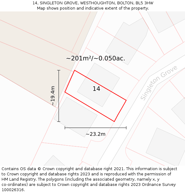 14, SINGLETON GROVE, WESTHOUGHTON, BOLTON, BL5 3HW: Plot and title map