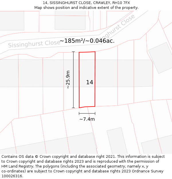14, SISSINGHURST CLOSE, CRAWLEY, RH10 7FX: Plot and title map