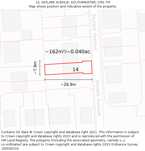 14, SKYLARK AVENUE, SOUTHMINSTER, CM0 7YF: Plot and title map