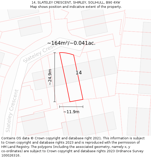 14, SLATELEY CRESCENT, SHIRLEY, SOLIHULL, B90 4XW: Plot and title map
