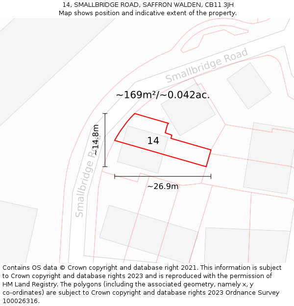 14, SMALLBRIDGE ROAD, SAFFRON WALDEN, CB11 3JH: Plot and title map