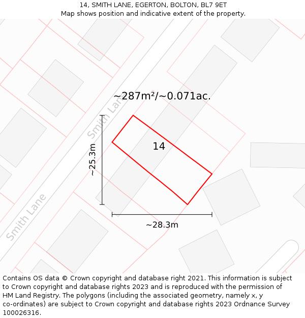 14, SMITH LANE, EGERTON, BOLTON, BL7 9ET: Plot and title map