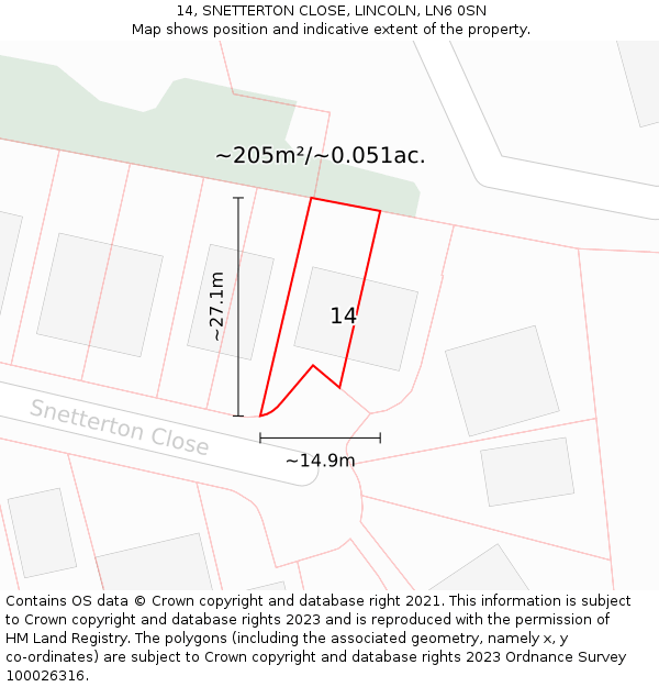 14, SNETTERTON CLOSE, LINCOLN, LN6 0SN: Plot and title map