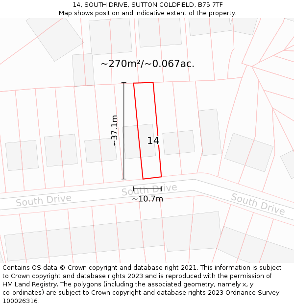 14, SOUTH DRIVE, SUTTON COLDFIELD, B75 7TF: Plot and title map