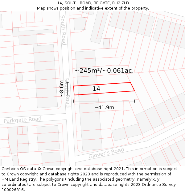 14, SOUTH ROAD, REIGATE, RH2 7LB: Plot and title map