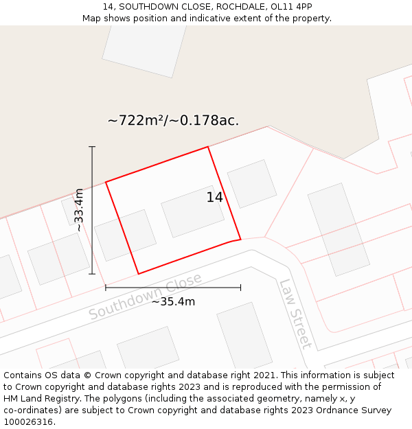 14, SOUTHDOWN CLOSE, ROCHDALE, OL11 4PP: Plot and title map